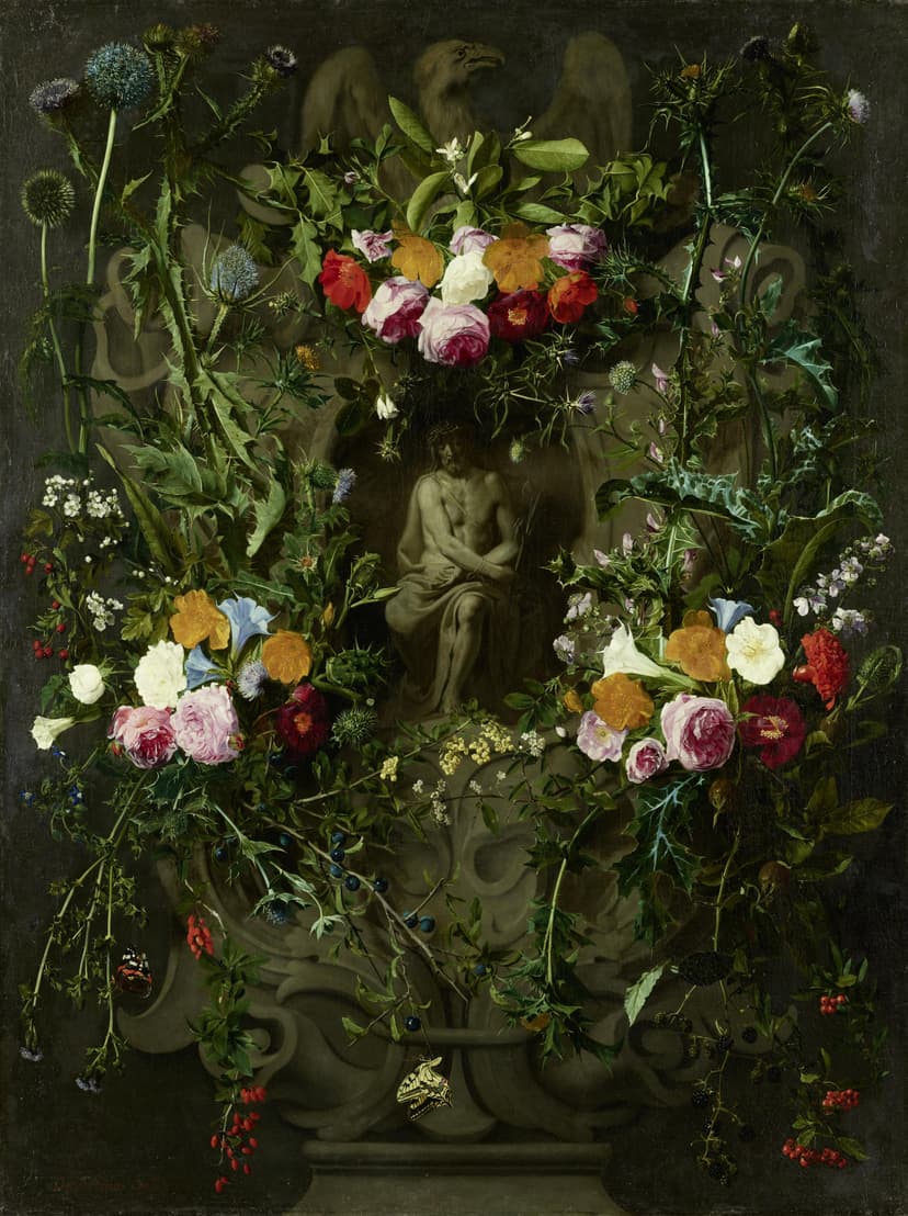 A painting of a statue surrounded by flowers