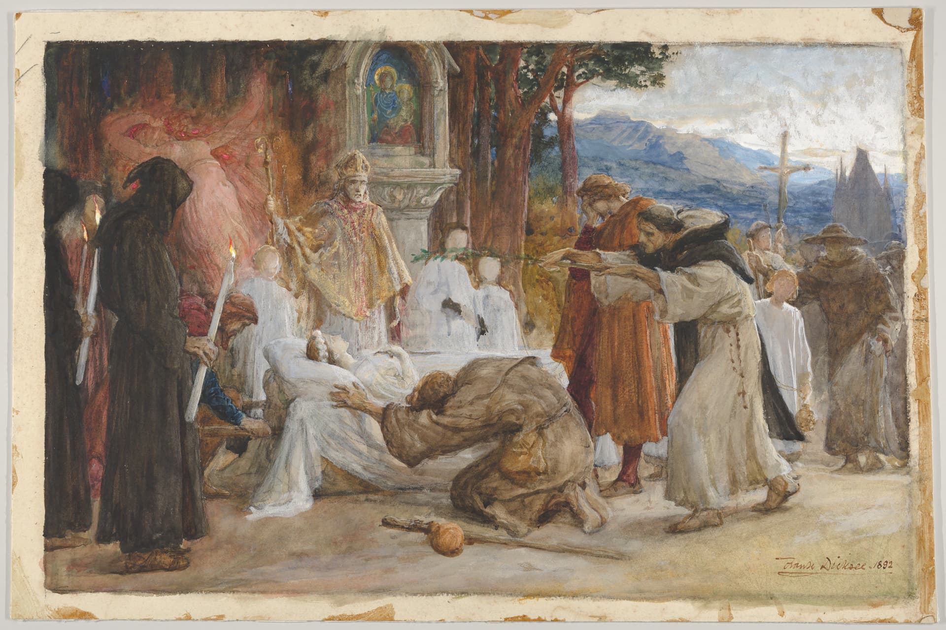 A painting of a group of people standing around