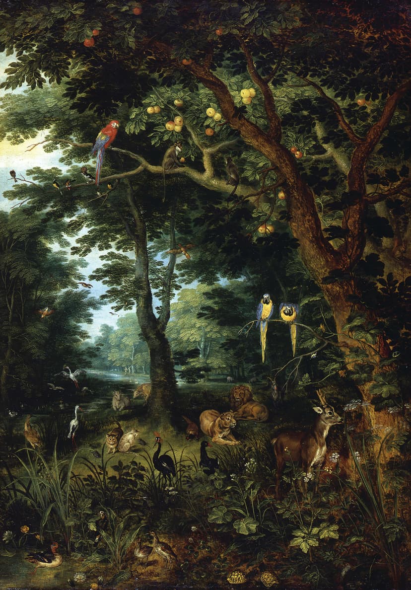 A painting of birds and other animals in a forest