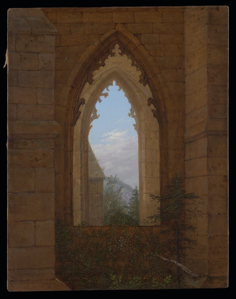 A painting of a window in a stone building