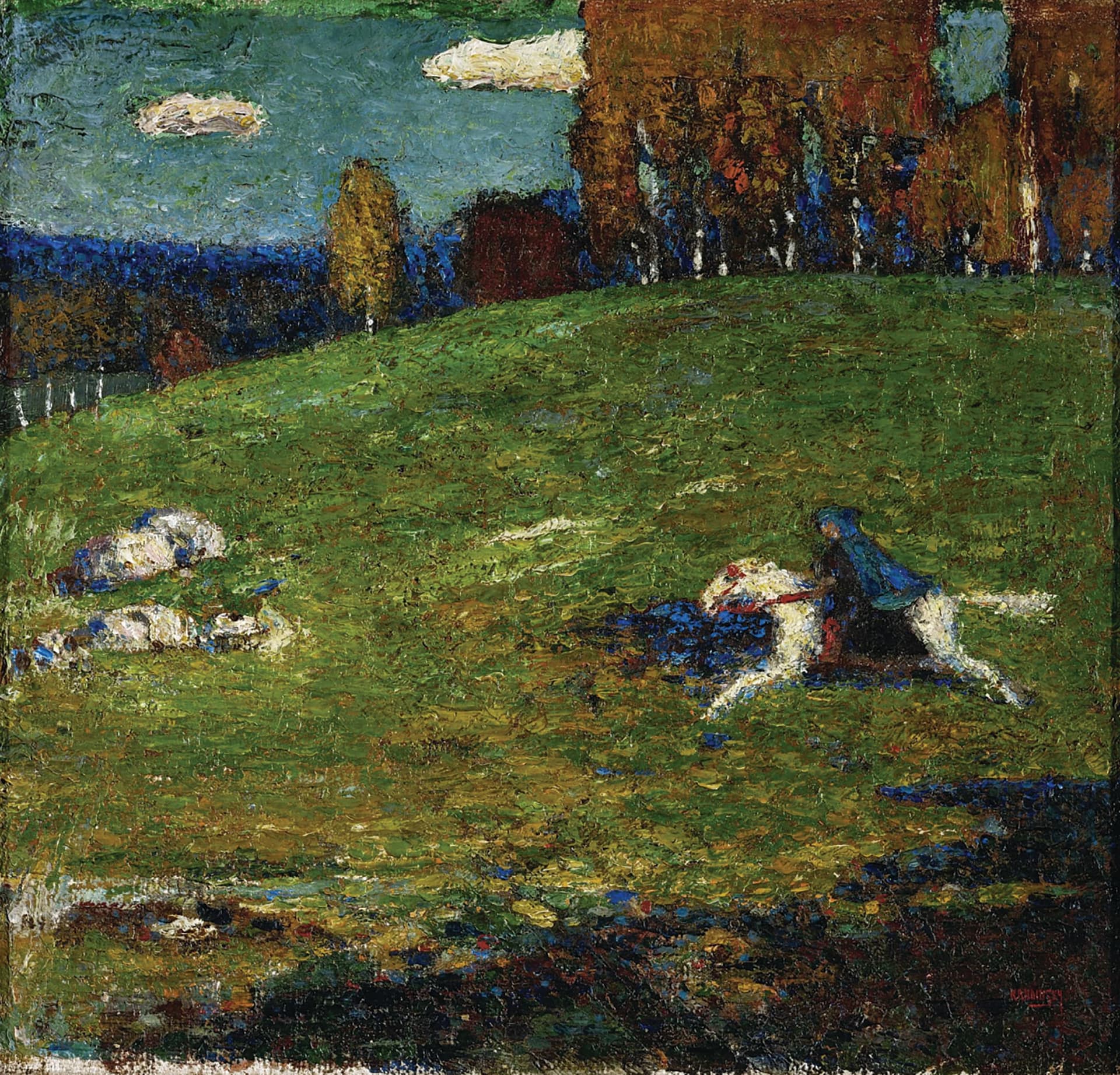 A painting of a person laying in a field