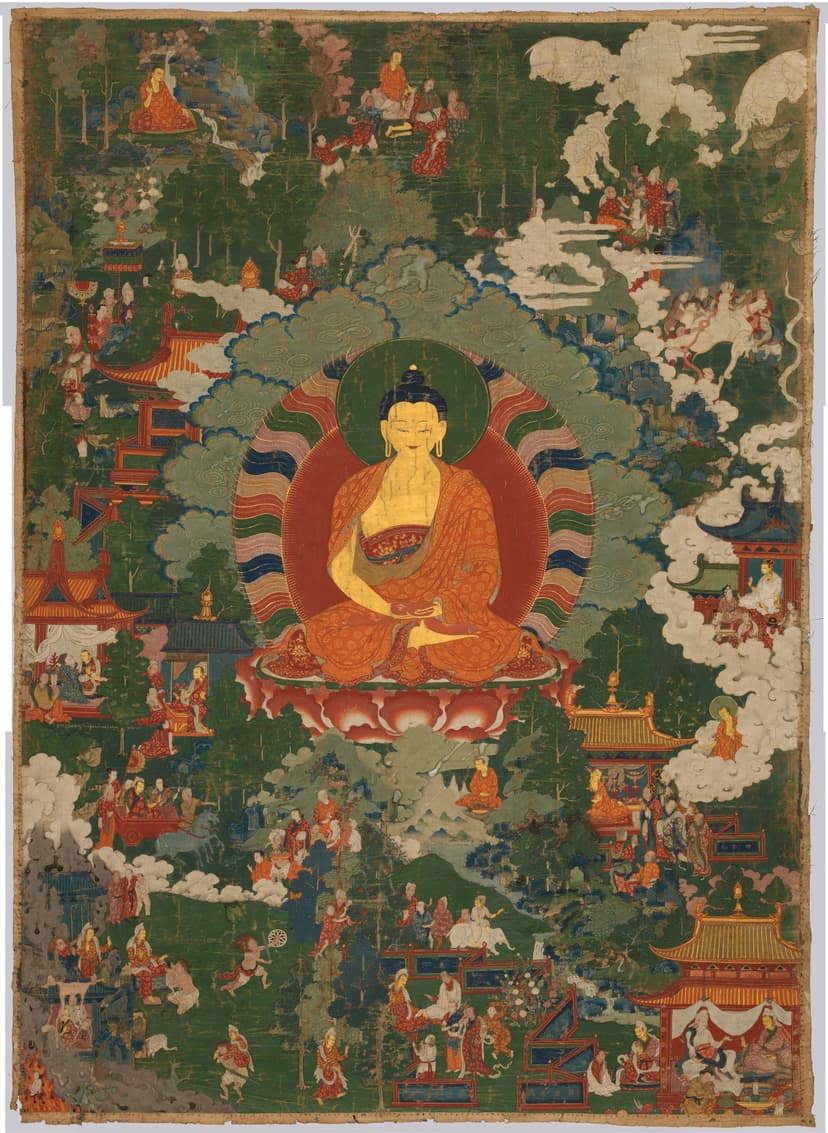 A painting of a buddha sitting in a lotus position