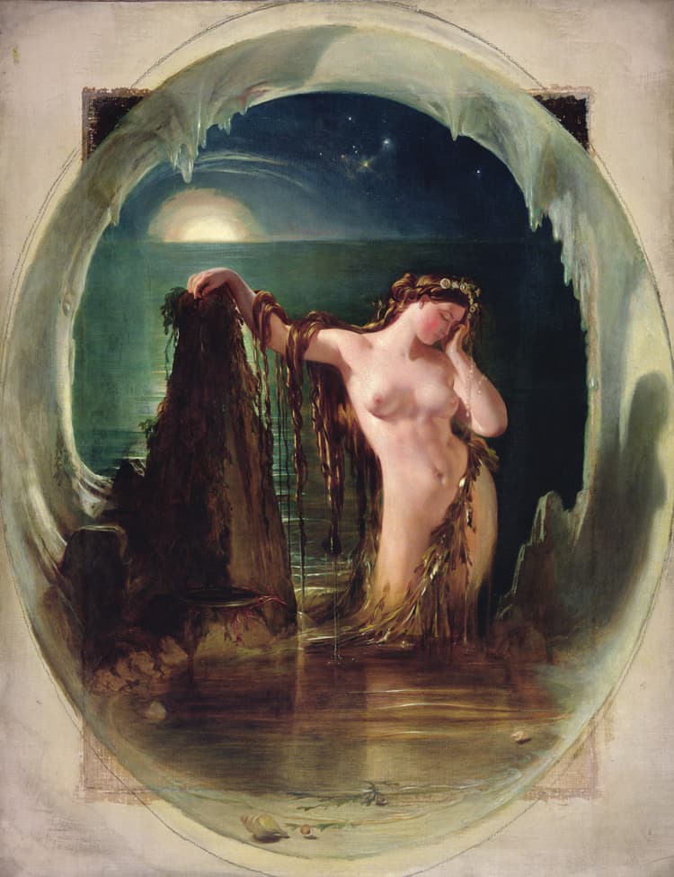 A painting of a naked woman in a cave