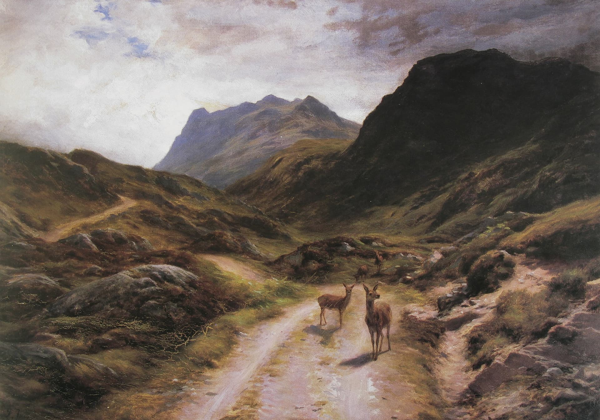 A painting of two horses walking down a dirt road