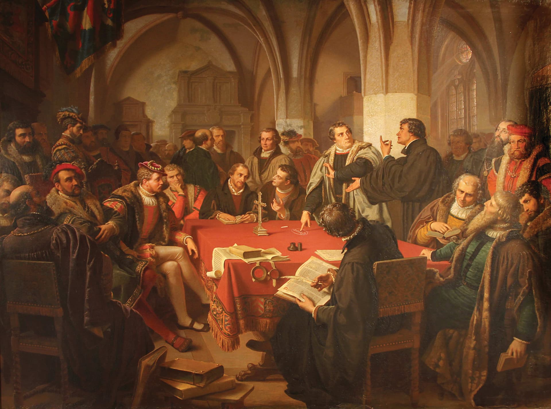 A painting of a group of people sitting around a table