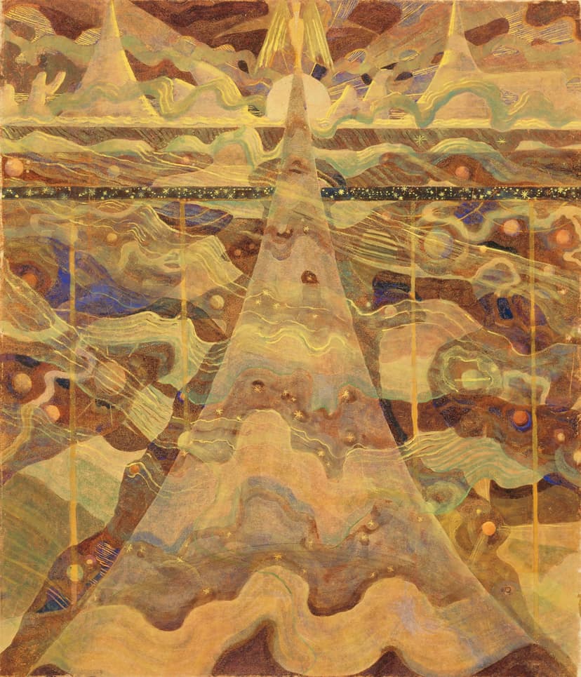 A painting of a pyramid surrounded by mountains