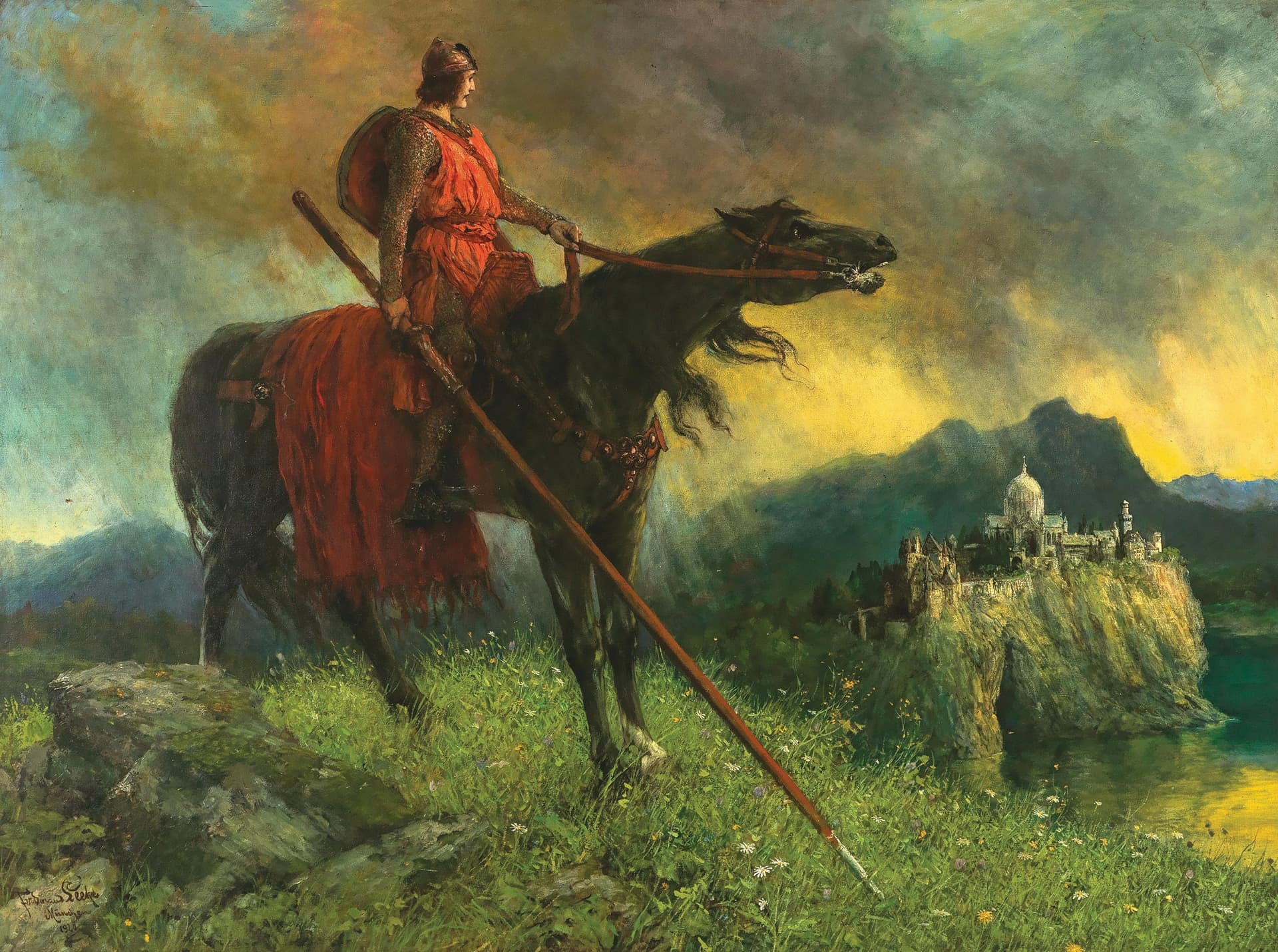 A painting of a man riding on the back of a horse