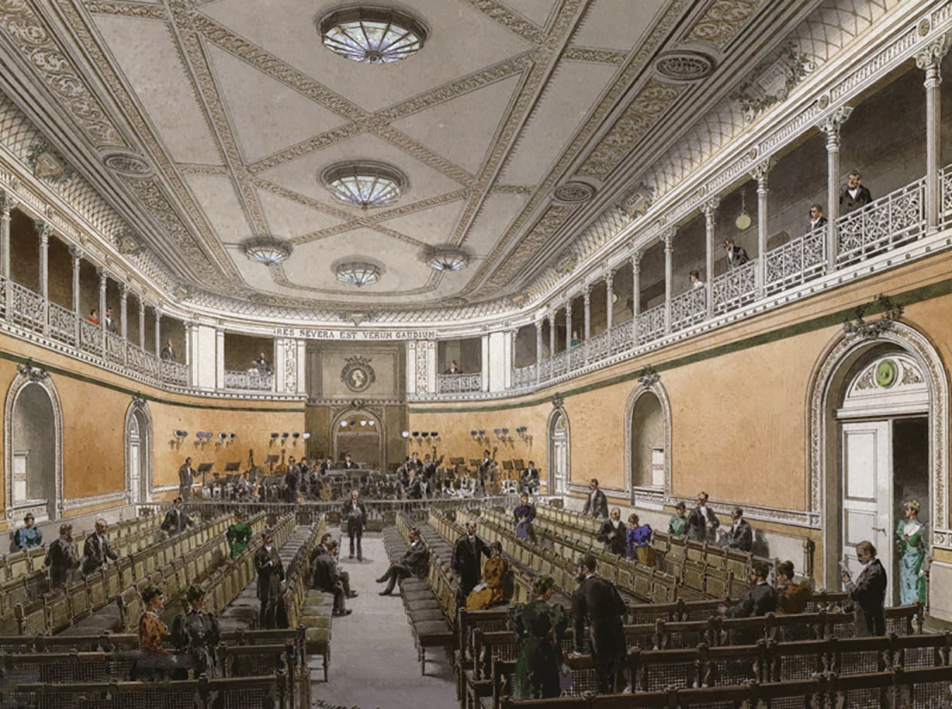 A painting of a large room filled with people