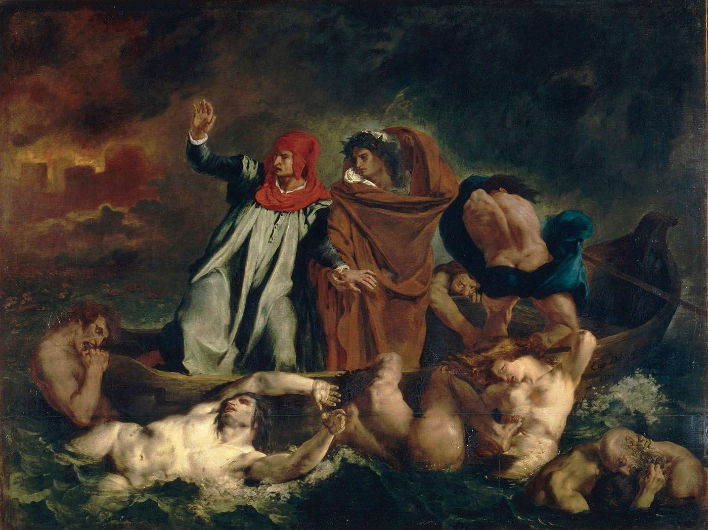 A painting of a group of people in a body of water