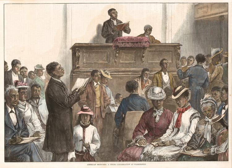 A painting of a man speaking to a group of people
