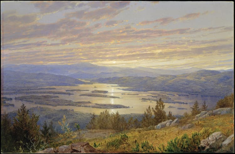A painting of a beautiful sunset over a lake