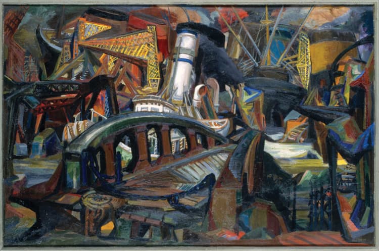 A painting of a bridge in a city