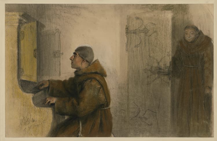 A drawing of a man looking at a mirror