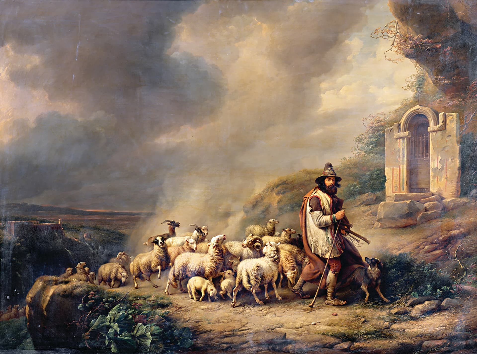 A painting of a man with a bunch of sheep