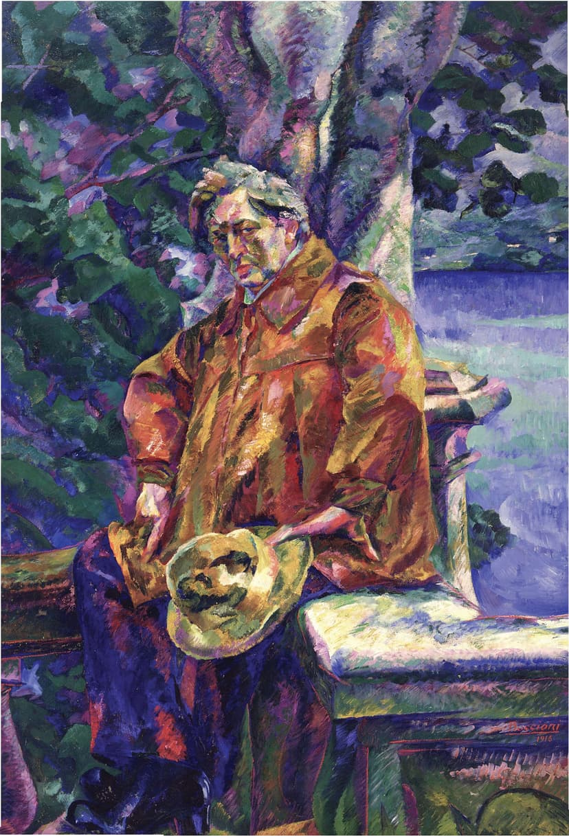 A painting of a man sitting on a bench