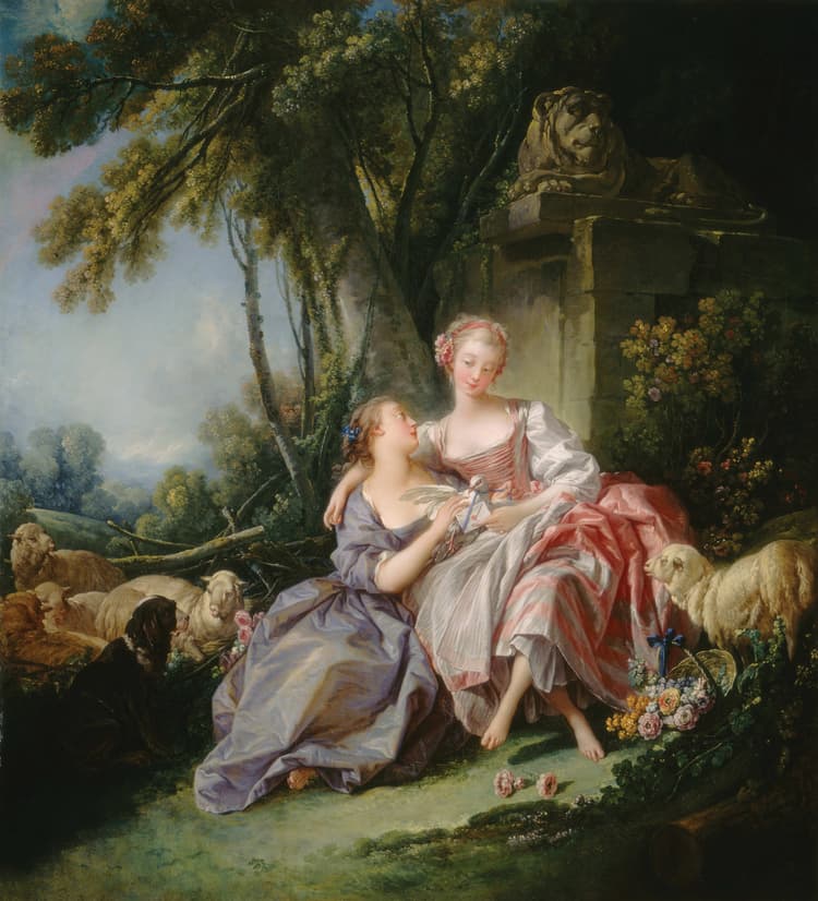A painting of two women in a wooded area