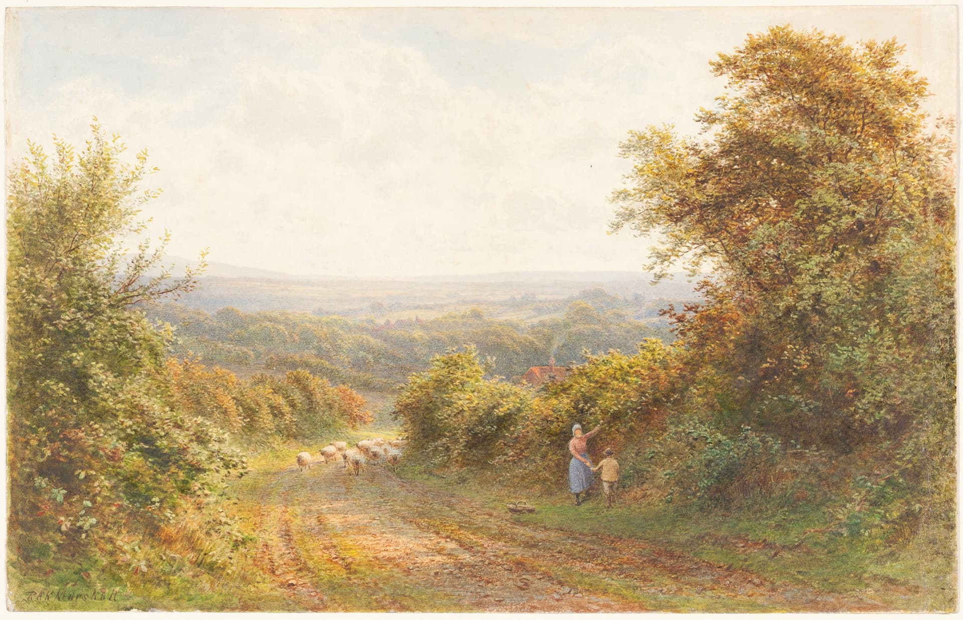 A painting of a man and a woman walking down a dirt road
