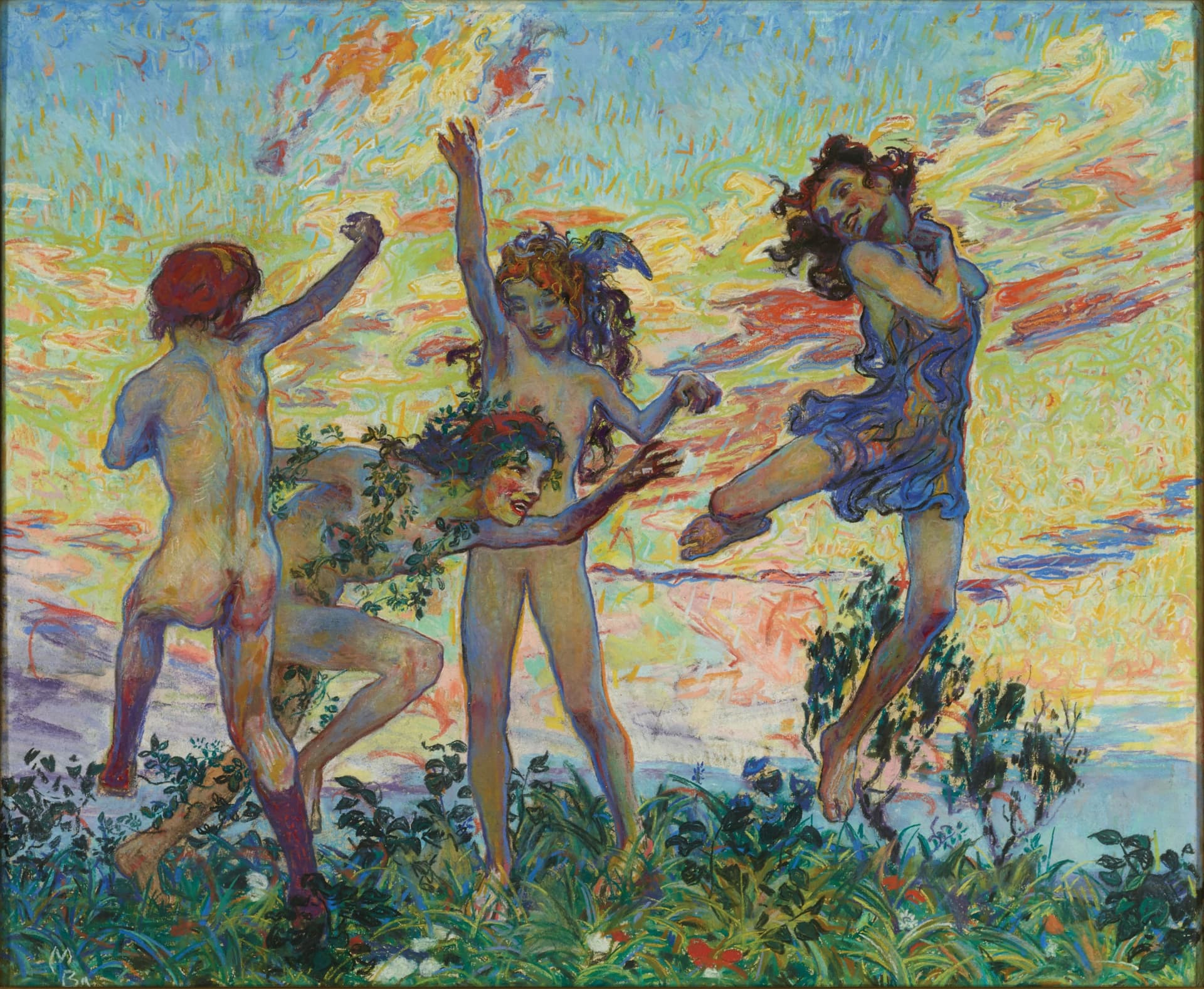 A painting of three women dancing in a field