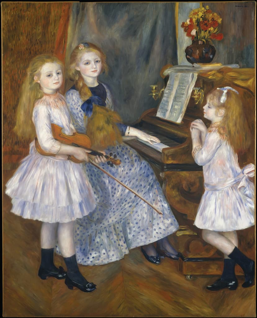 A painting of three young girls playing the piano