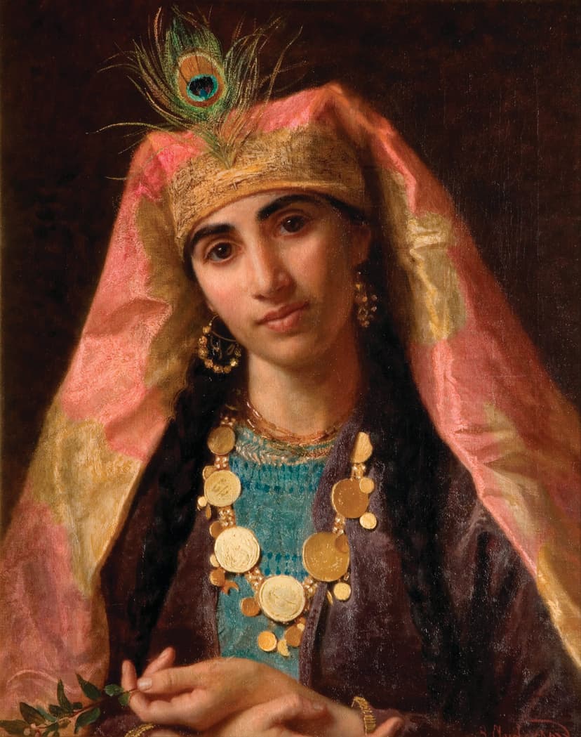 A painting of a woman wearing a headdress