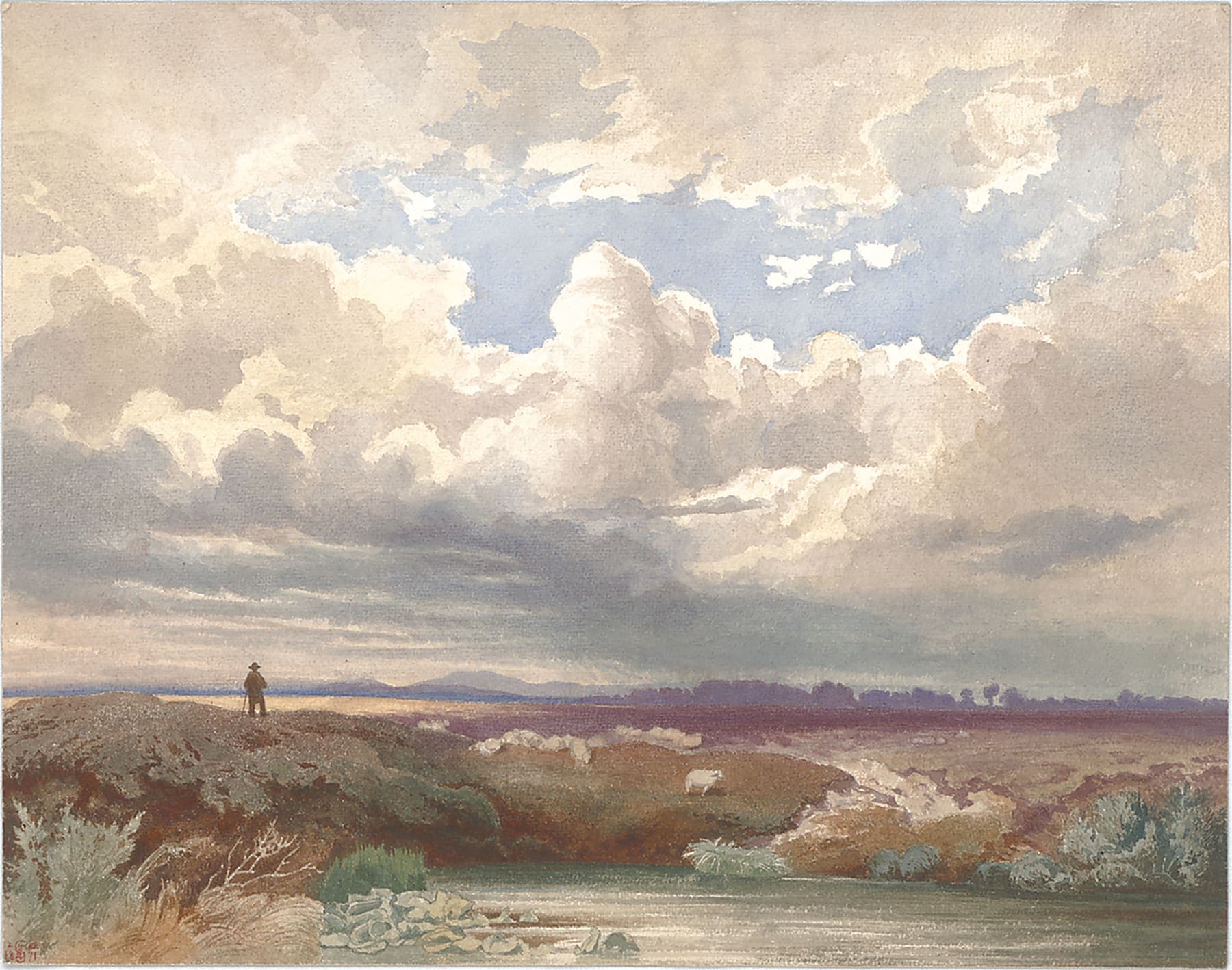 A painting of a man standing on top of a hill
