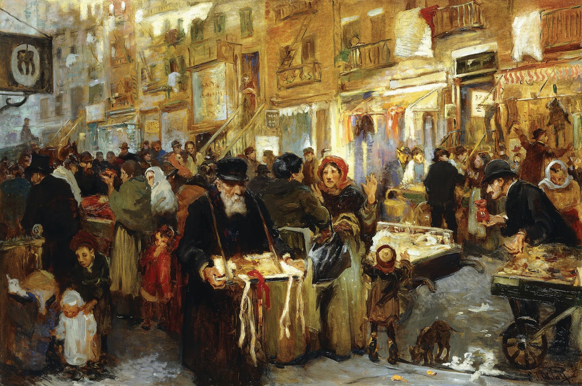 A painting of a crowd of people in a city