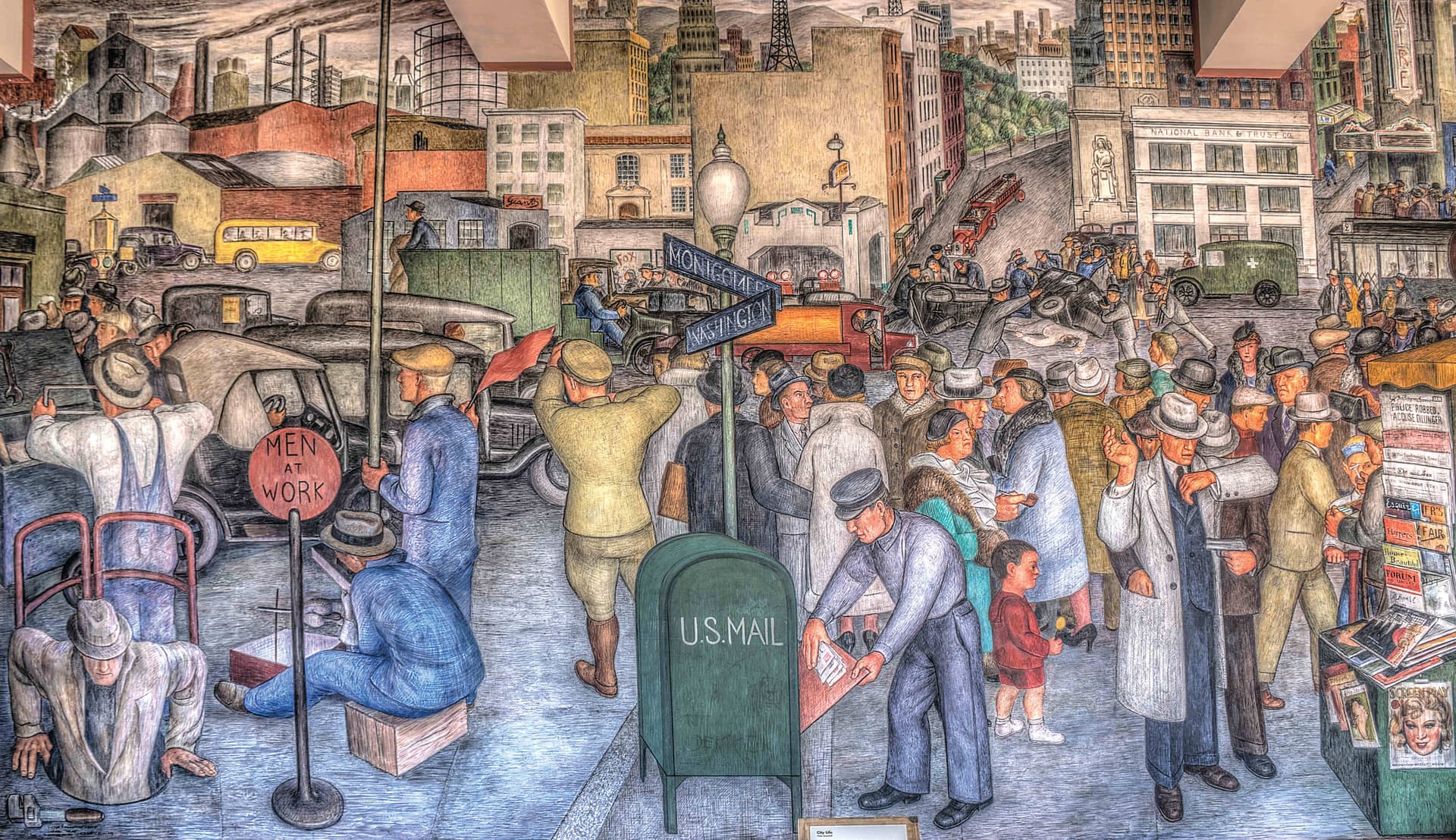 A drawing of a crowd of people in a city
