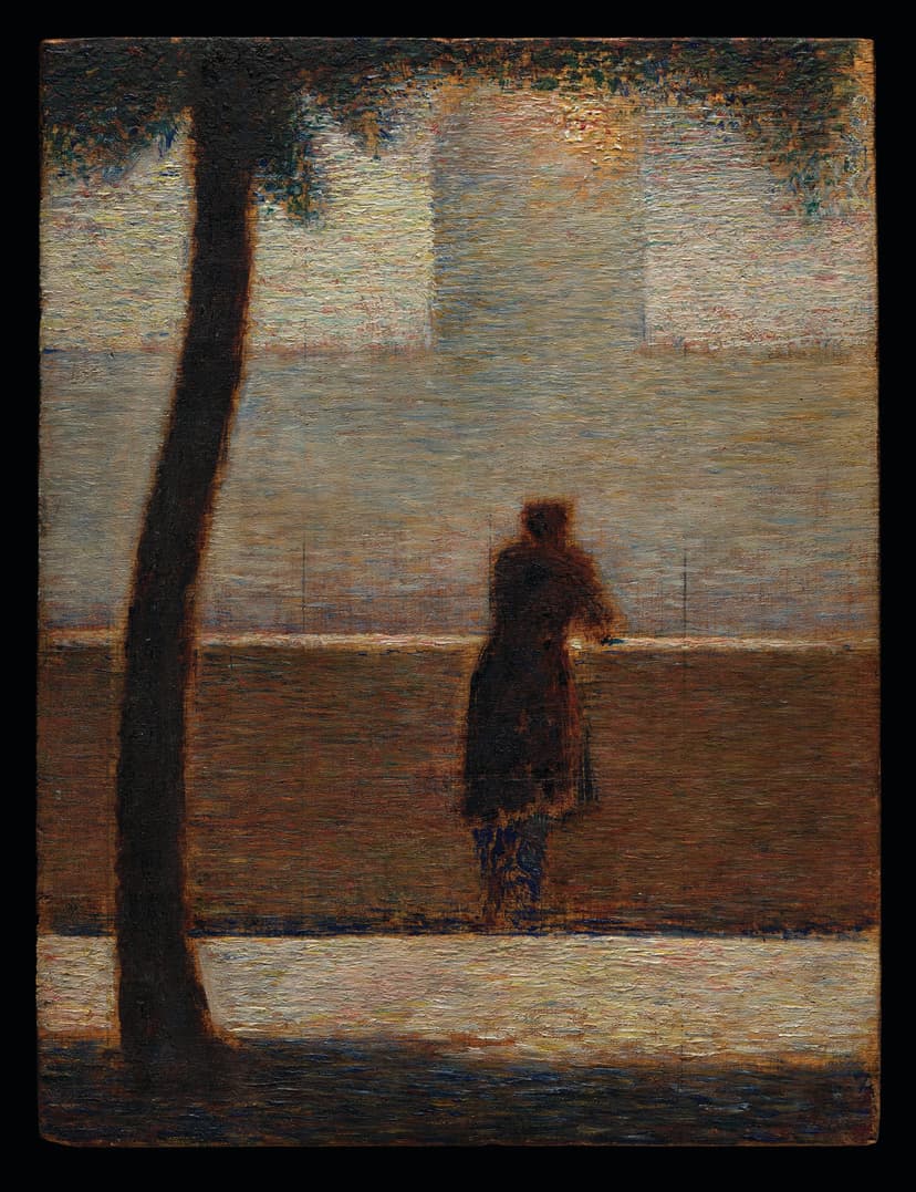 A painting of a person standing next to a tree