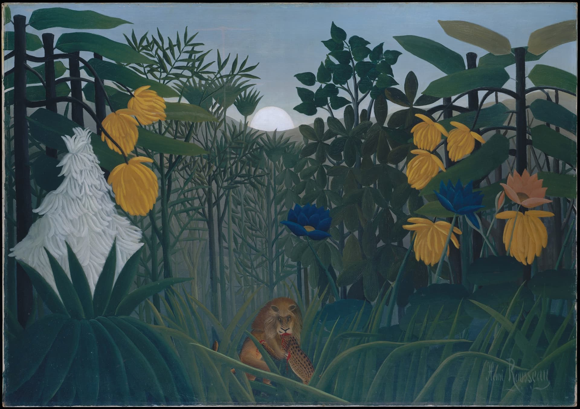 A painting of a forest filled with yellow flowers