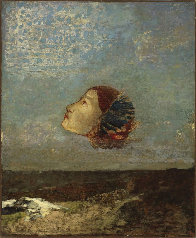 A painting of a woman's head with a sky background