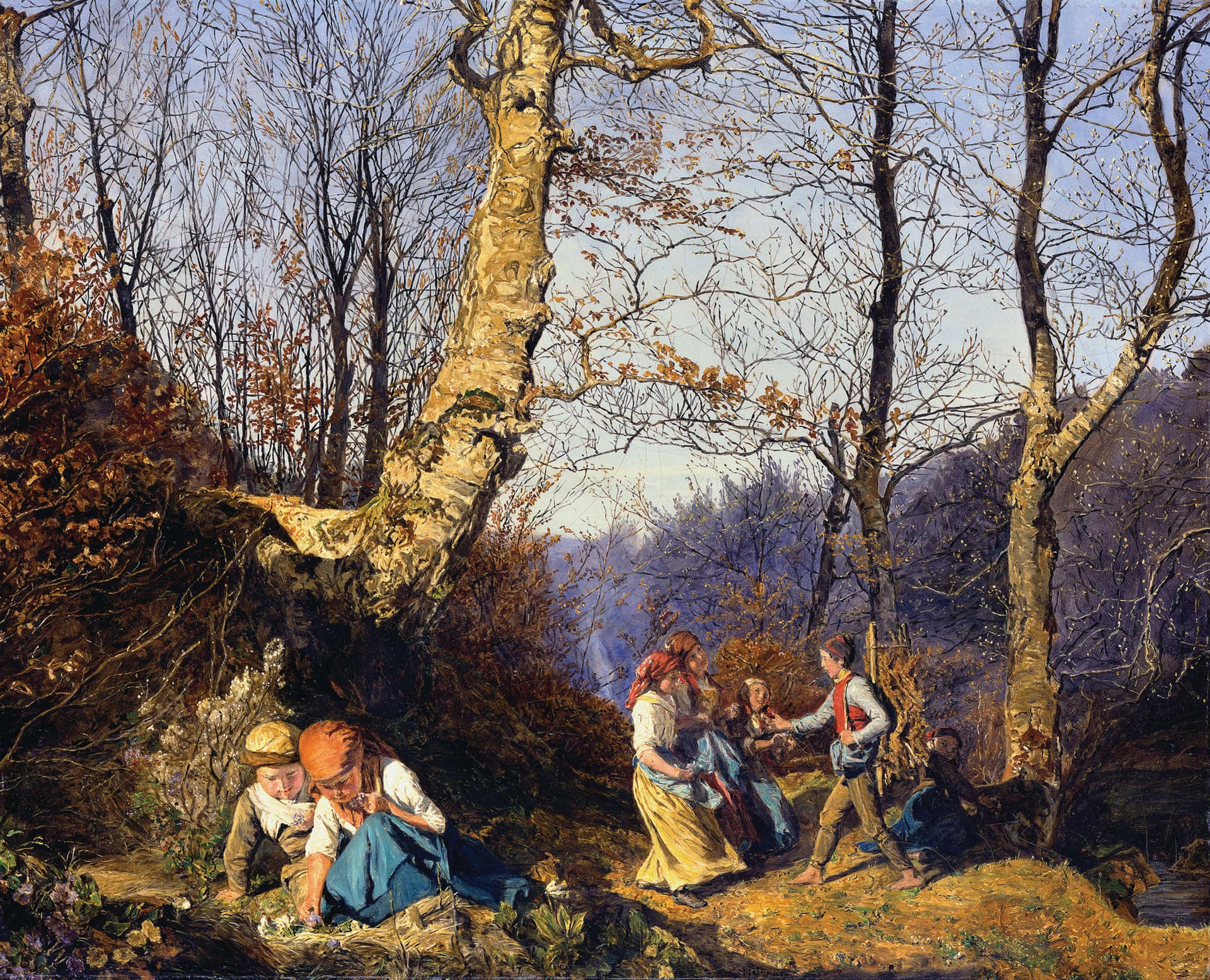 A painting of a group of people in the woods