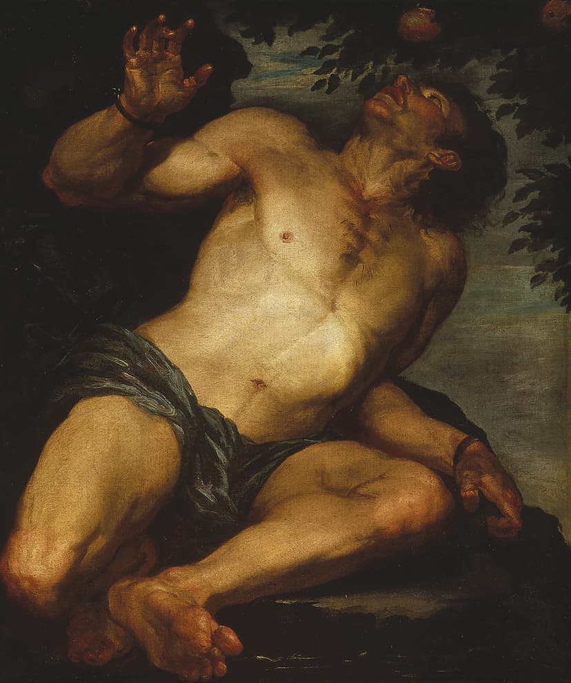 A painting of a man laying on the ground