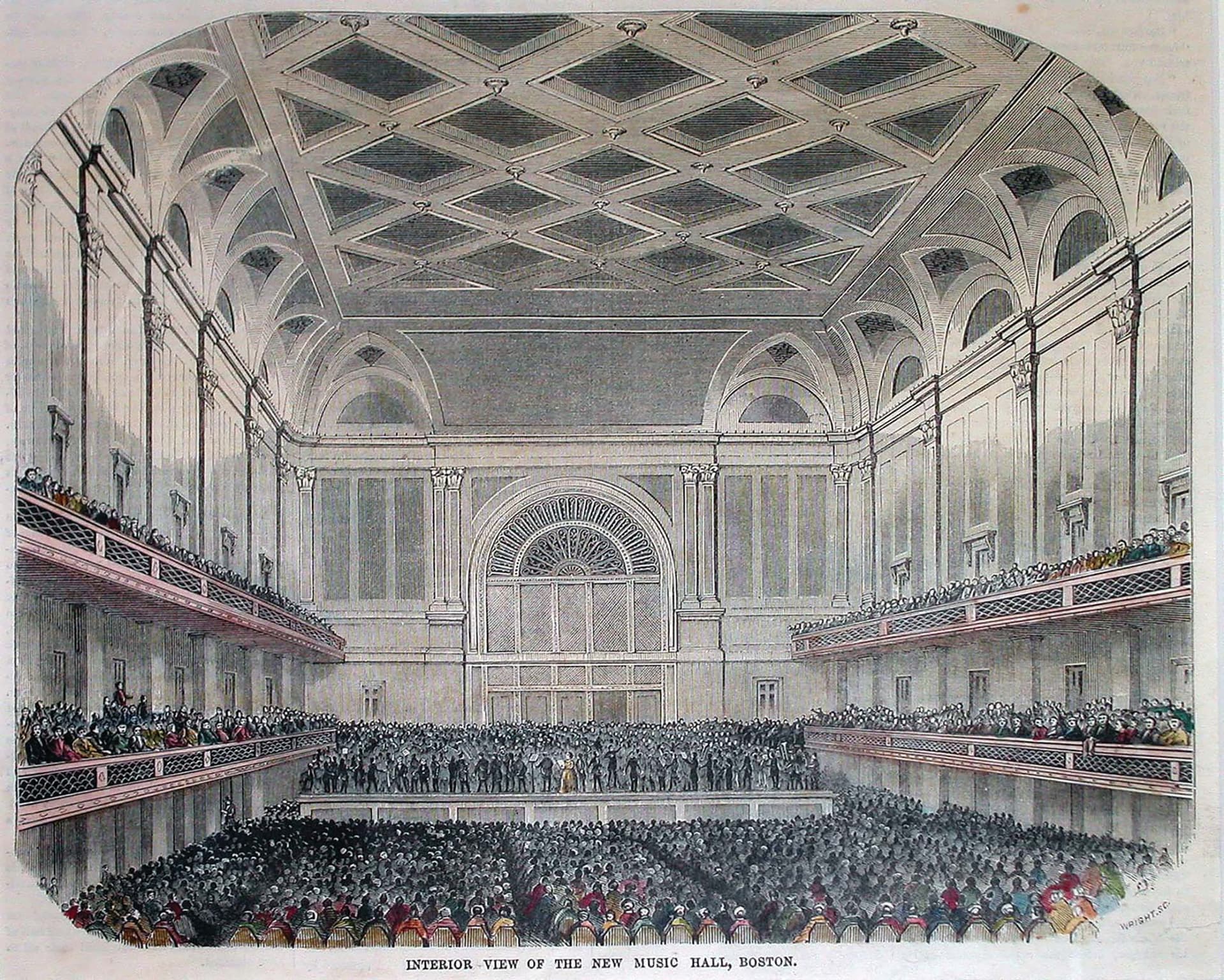 A drawing of a large room filled with people