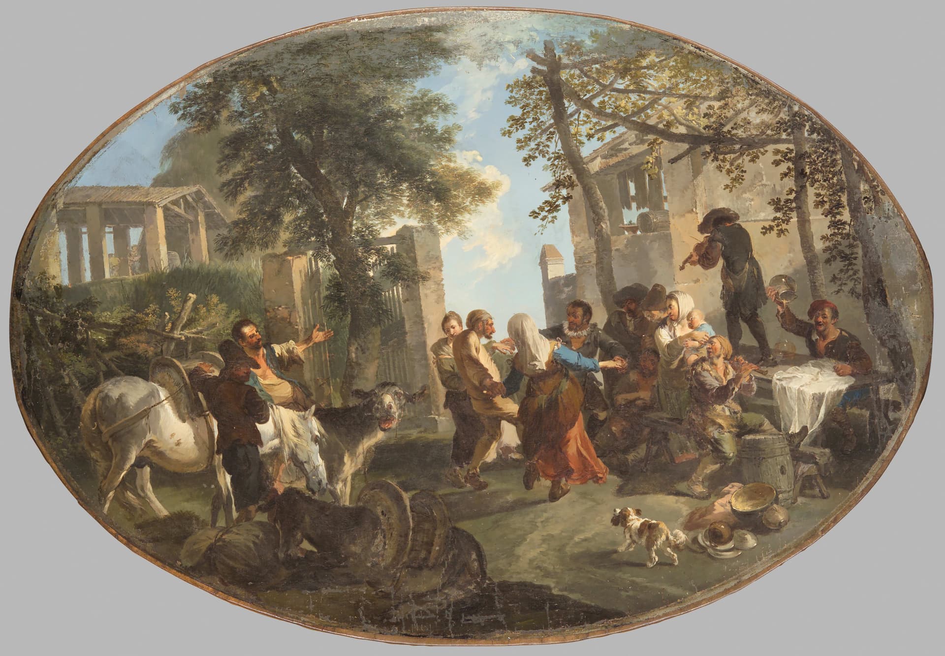 A painting of a group of people and animals
