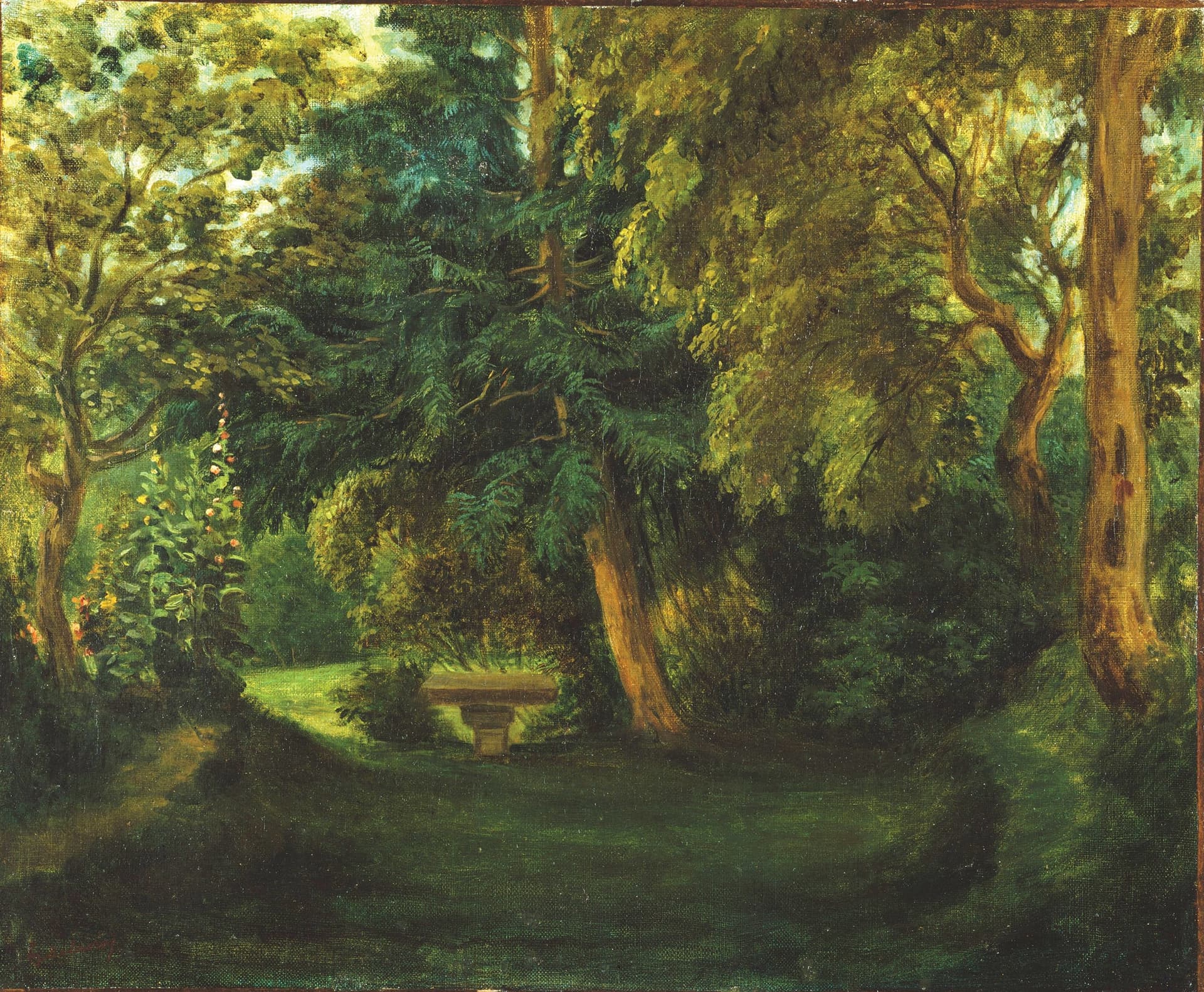 A painting of a bench in a wooded area