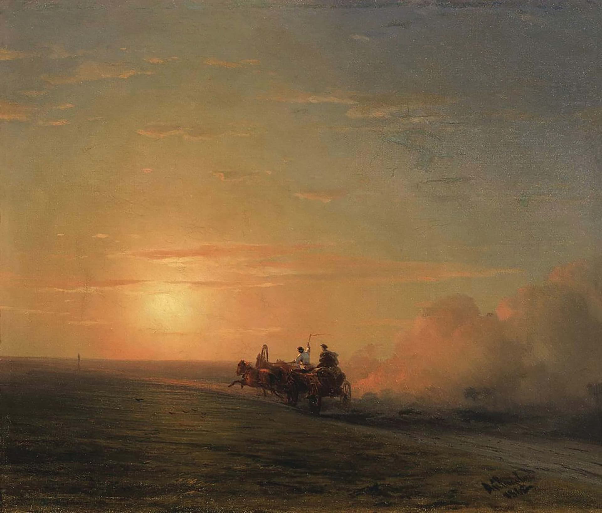A painting of a man riding a horse drawn carriage
