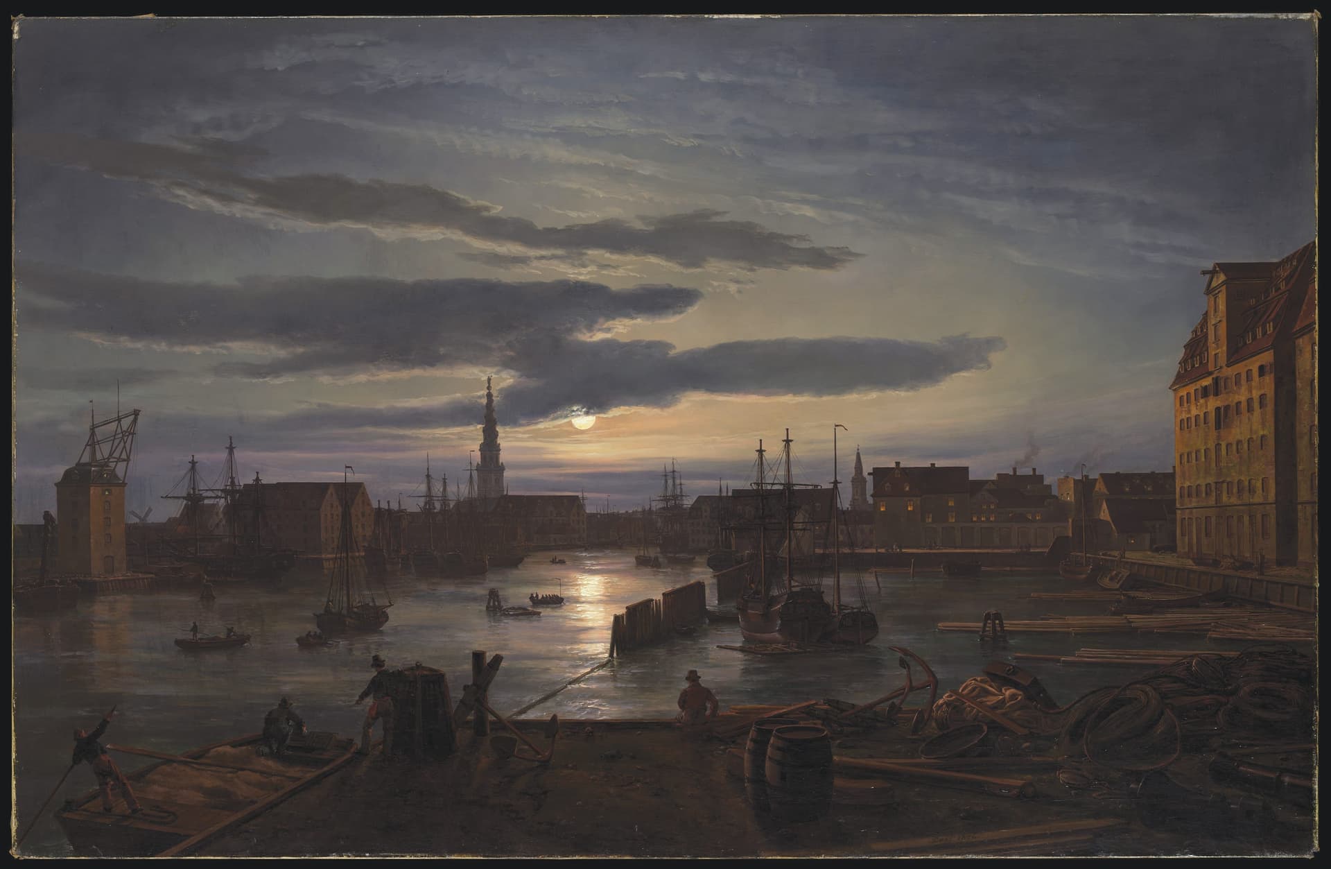 A painting of boats in a harbor at sunset
