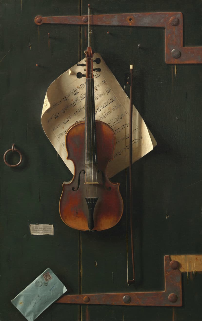 A violin and a sheet of music on a wall