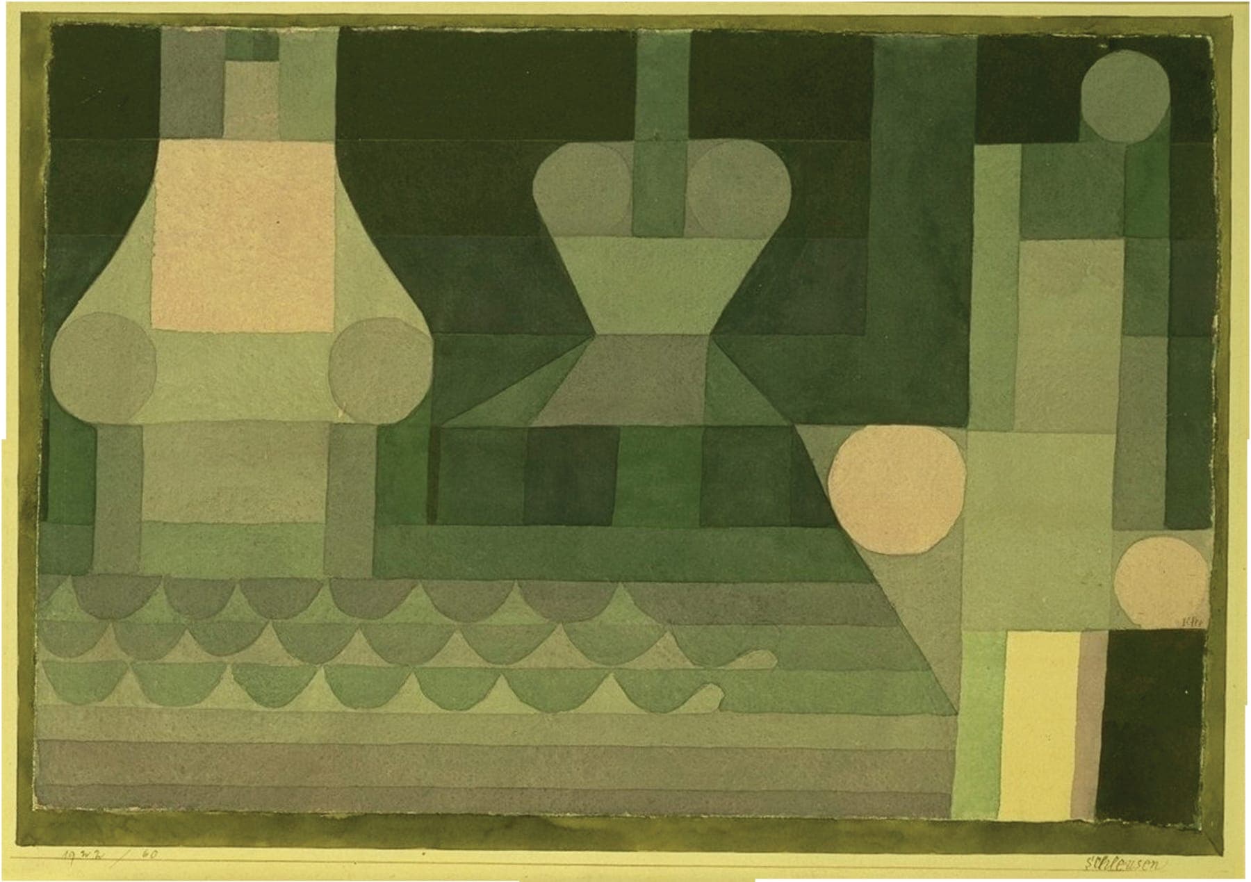A painting of vases on a table in a room