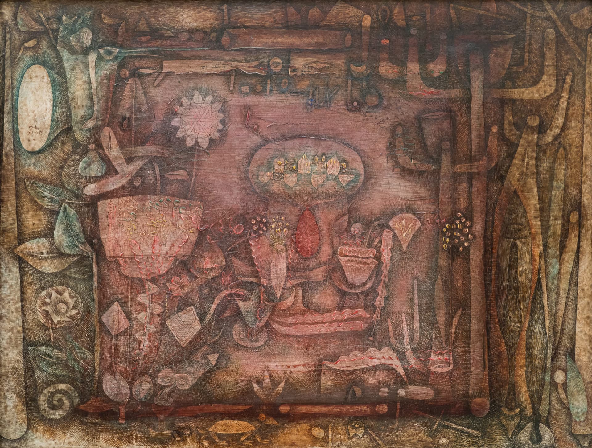 A painting of a painting of a vase and other items