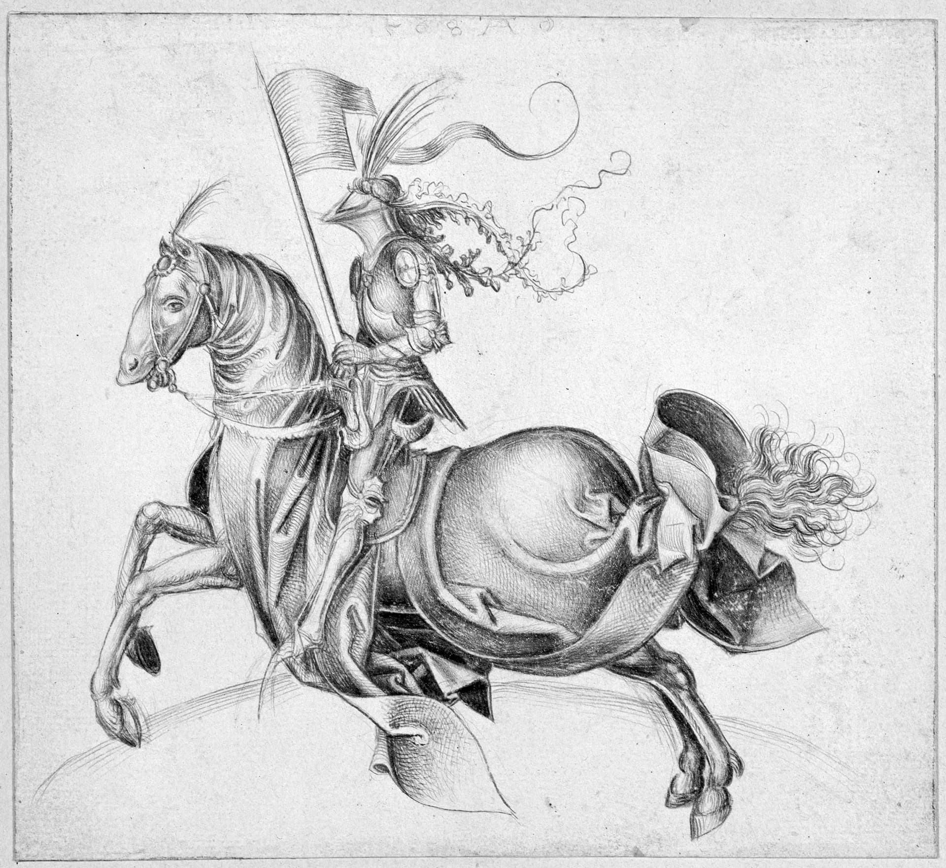 A drawing of a man riding on the back of a horse