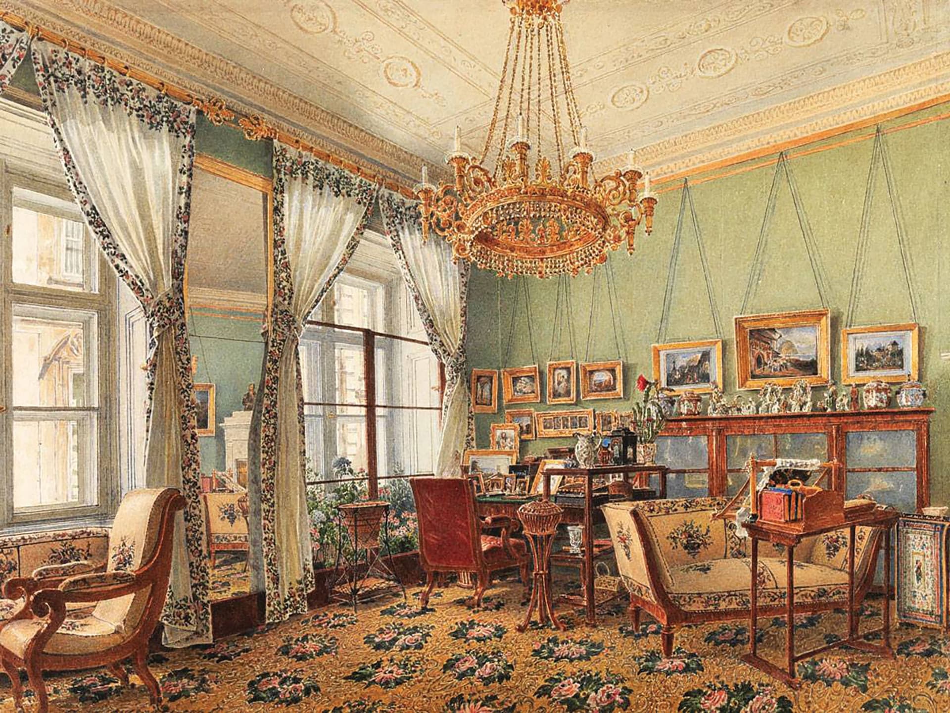 A drawing of a living room with a chandelier