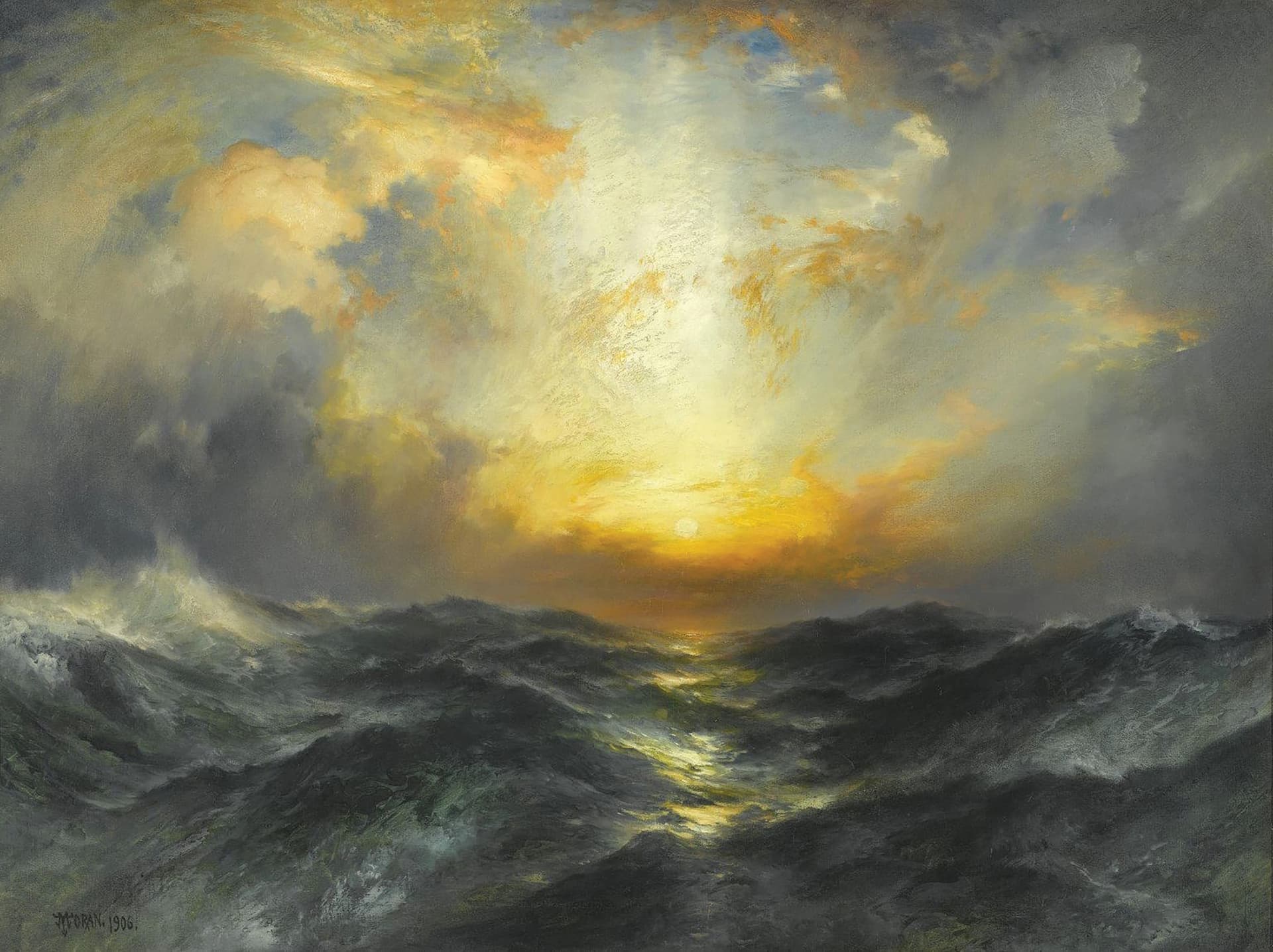 A painting of a sunset over a large body of water