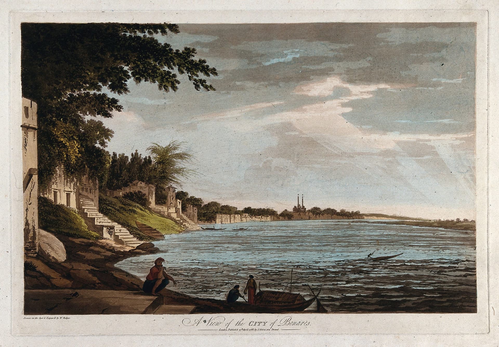 A painting of people on a beach near a body of water