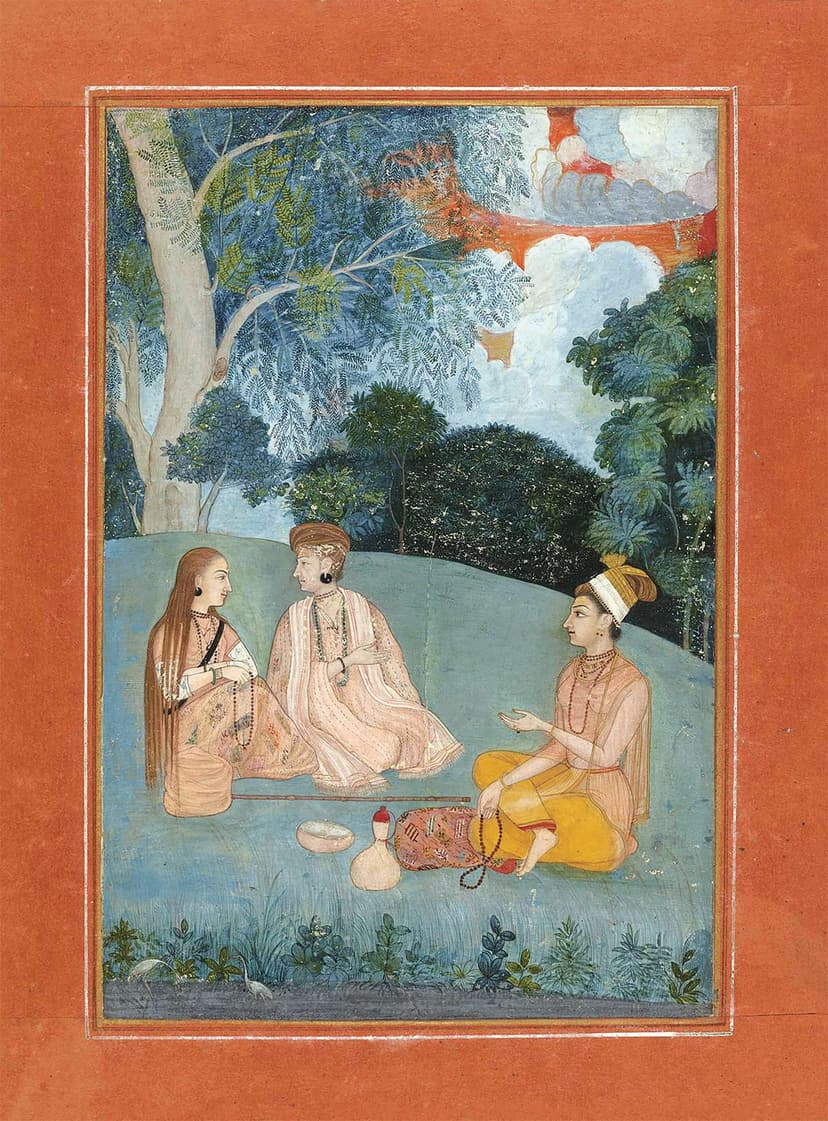 A painting of three people sitting on a hill