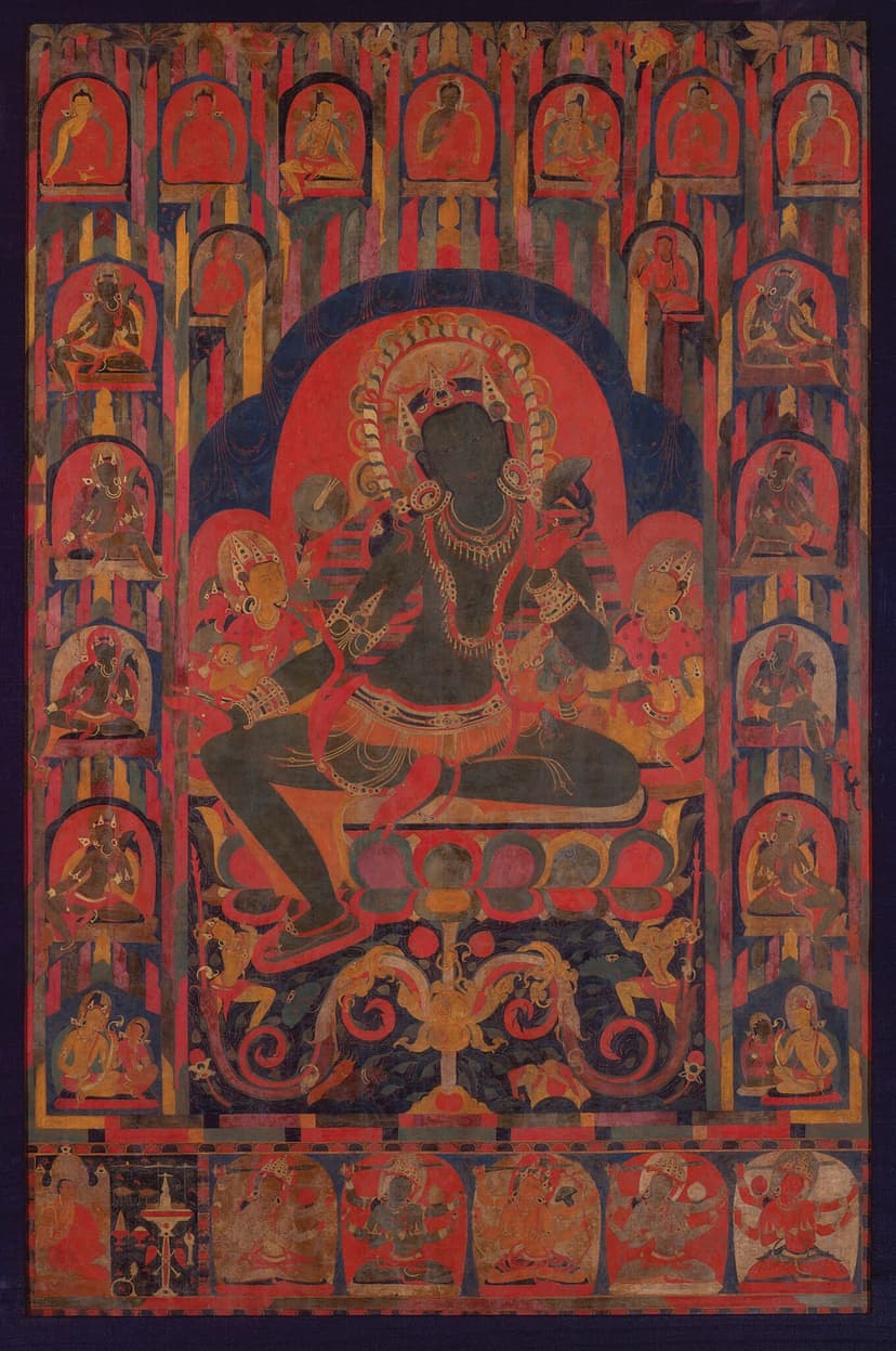A painting of a person sitting on a bench