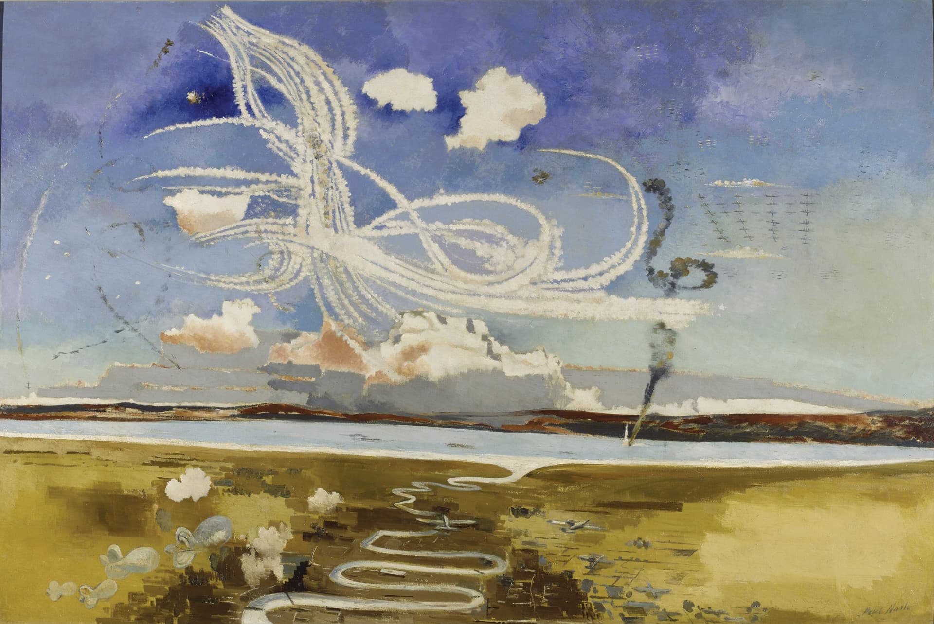 A painting of a sky with clouds and a stream of water