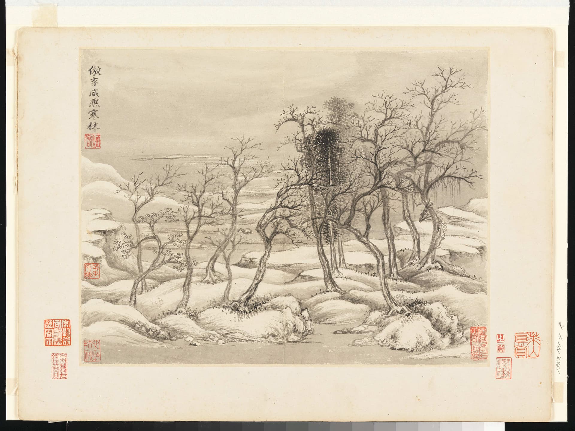A drawing of a snowy landscape with trees