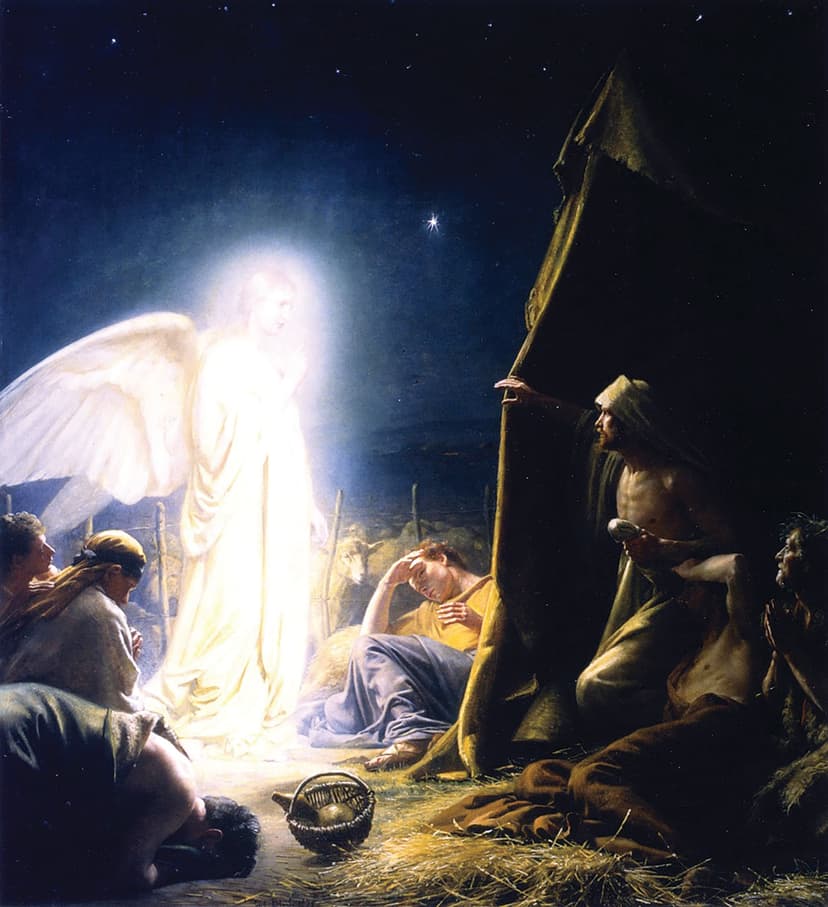 A painting of a nativity scene with angels