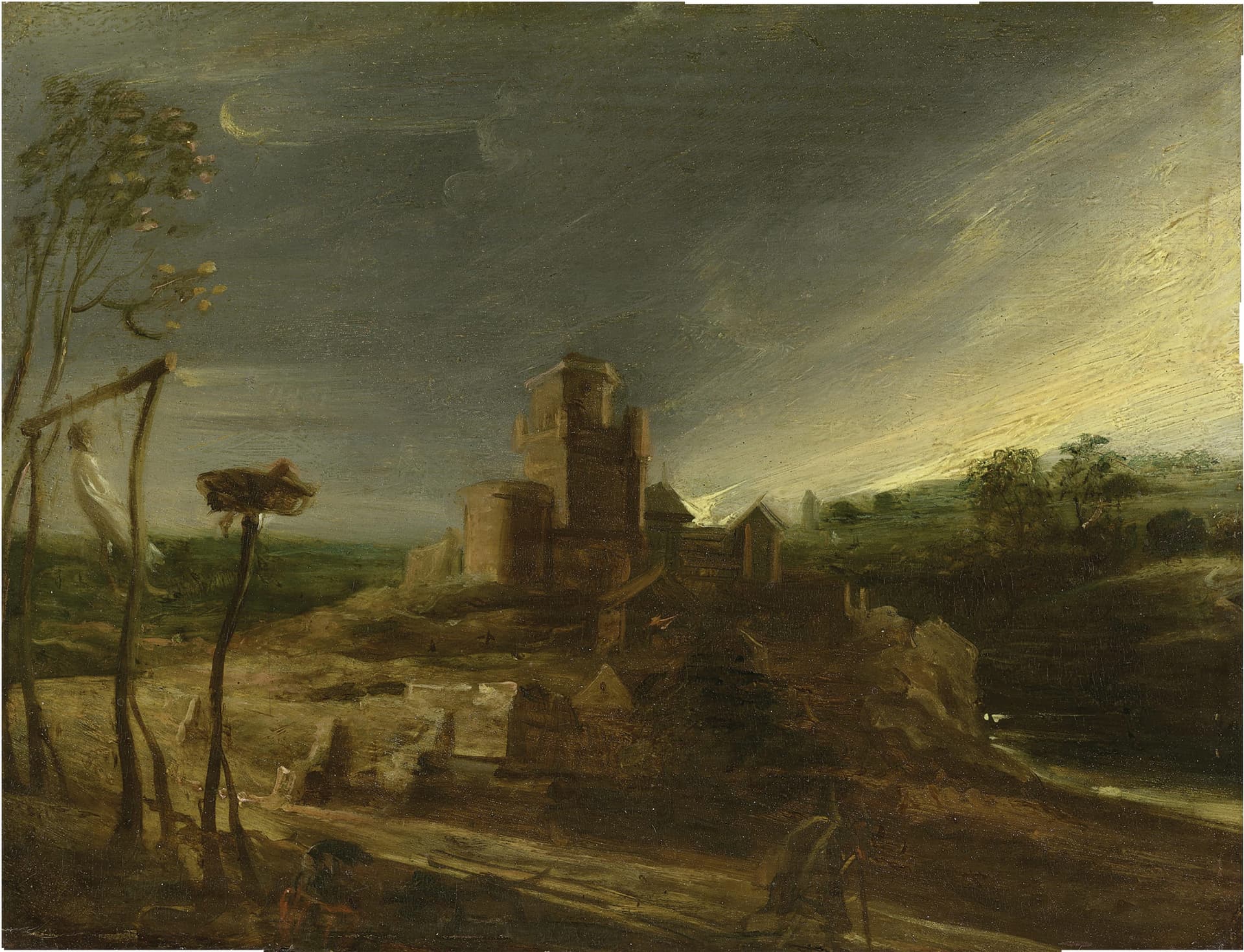 A painting of a castle on a hill